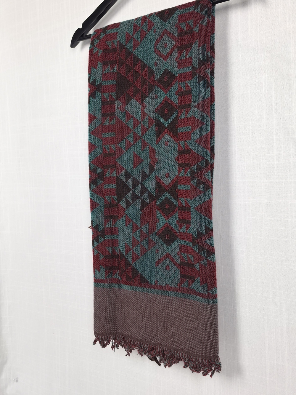 Cashmé Geometric Woven Scarf Burgundy Teal Brown Fringed Made in Japan